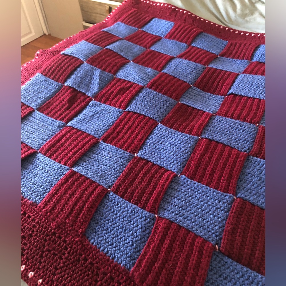 Handmade Superwash Wool Crochet Knit Throw Blanket - Blue and Burgundy 58x46